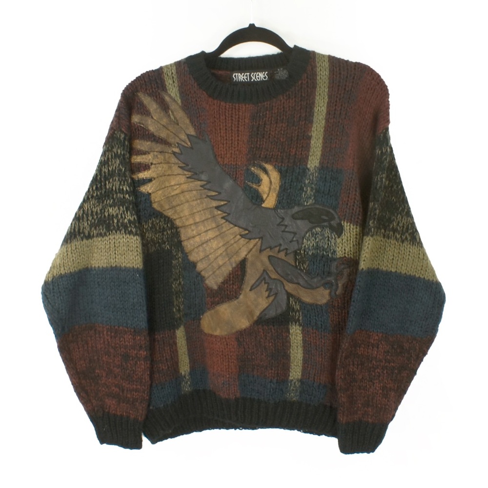 Vintage 80s Patchwork Knit Embroidered Leather Eagle Bird Pullover Sweater